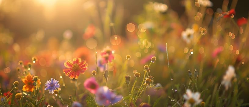 Serene and tranquil golden hour meadow bliss with vibrant wildflowers, blooming under the warm sunlight of the summer sunset in a peaceful and idyllic natural landscape