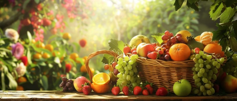 Colorful fruit basket arrangement on wooden table, inviting and vibrant still life composition