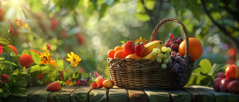 Colorful fruit basket arrangement on wooden table, inviting and vibrant still life composition