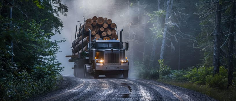 Large truck carrying logs driving through forest road in natural lighting