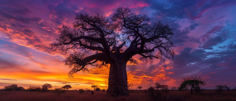 Stunning african baobab tree silhouetted against a fiery sunset sky