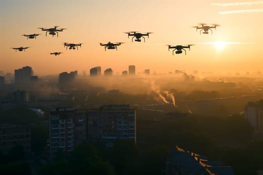 Group of drones over city at summer morning. Neural network generated image. Not based on any actual scene or pattern.