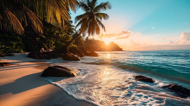 tropical beach view at sunset or sunrise with white sand, turquoise water and palm trees. Neural network generated image. Not based on any actual scene or pattern.