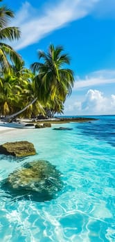 tropical beach view at sunny day with white sand, turquoise water and palm tree. Neural network generated image. Not based on any actual scene or pattern.