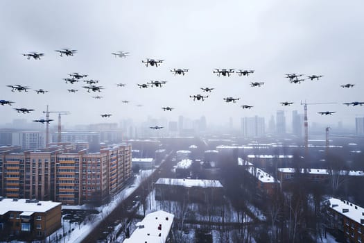 Swarm of drones over city at winter day or morning. Neural network generated image. Not based on any actual scene or pattern.