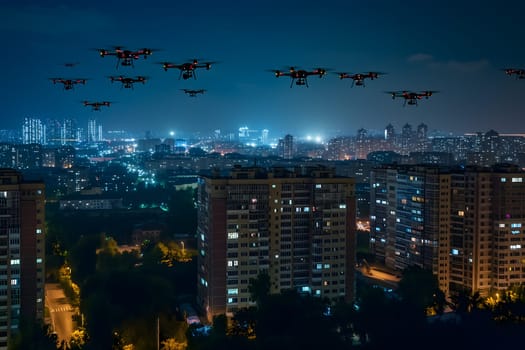 Group of drones over city at summer night. Neural network generated image. Not based on any actual scene or pattern.