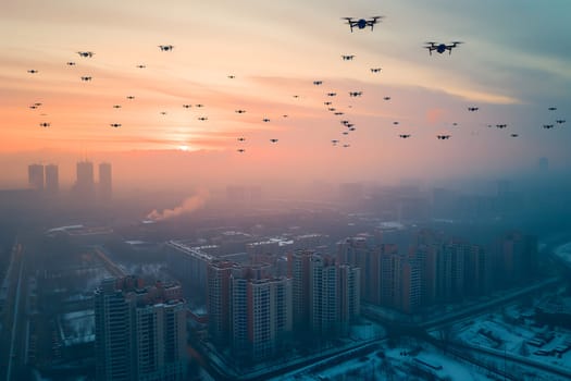 swarm of drones over city at winter sunset or sunrise. Neural network generated image. Not based on any actual scene or pattern.