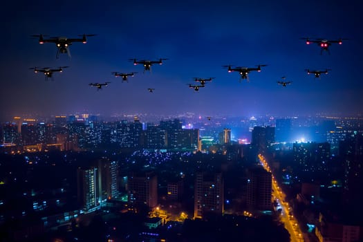 Group of drones over city at summer night. Neural network generated image. Not based on any actual scene or pattern.