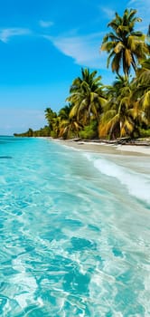 tropical beach view at sunny day with white sand, turquoise water and palm tree. Neural network generated image. Not based on any actual scene or pattern.