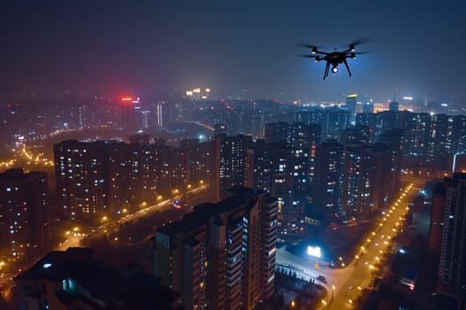 Flying drone above the city at snowy winter night. Neural network generated image. Not based on any actual scene or pattern.