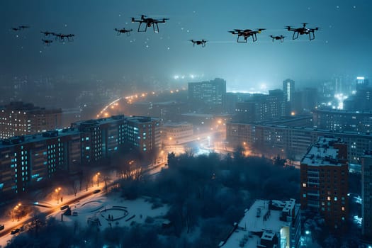 Group of drones over city at snowy winter night. Neural network generated image. Not based on any actual scene or pattern.