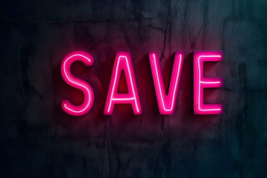 Neon word save on dark shabby wall. Neural network generated image. Not based on any actual scene or pattern.