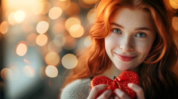Beautiful redhead young adult woman with gift for Valentines Day with bokeh at background. Neural network generated image. Not based on any actual person or scene.