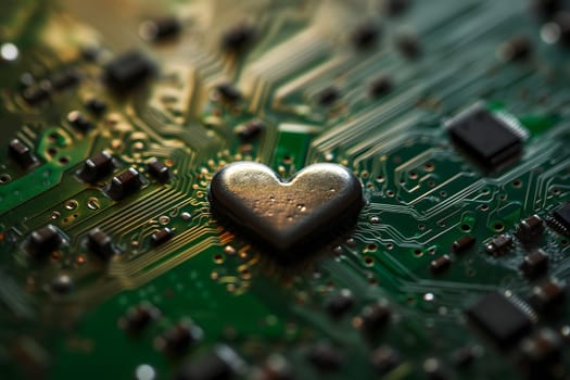 Heart-shaped microchip on green circuit board. Neural network generated image. Not based on any actual person or scene.