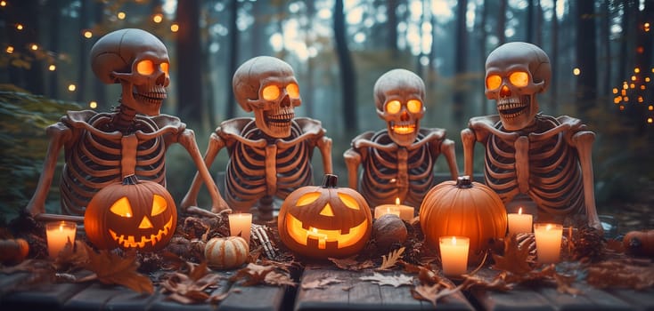 Skeletons sitting at the table and having a Halloween party. Neural network generated image. Not based on any actual scene or pattern.