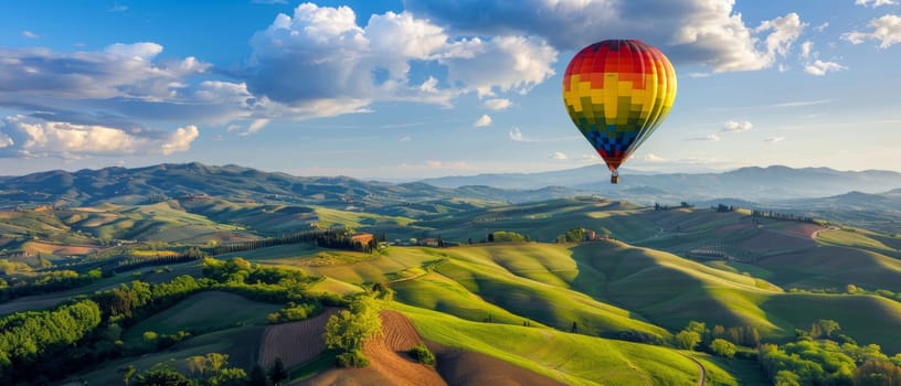 Aerial View of Hot Air Balloon Flying over Lush Green Valley with Majestic Mountains