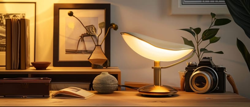 A simple wooden desk with a classic lamp and a vintage camera sits bathed in warm light
