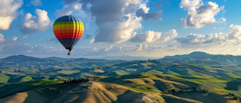 Aerial View of Hot Air Balloon Flying over Lush Green Valley with Majestic Mountains