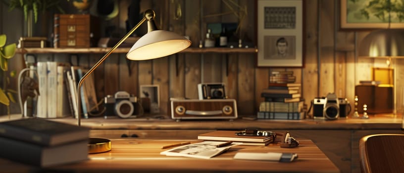 A simple wooden desk with a classic lamp and a vintage camera sits bathed in warm light