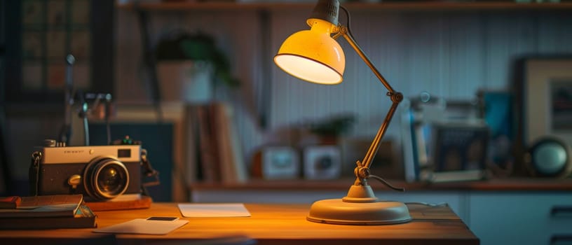 A simple wooden desk with a classic lamp and a vintage camera sits bathed in warm light