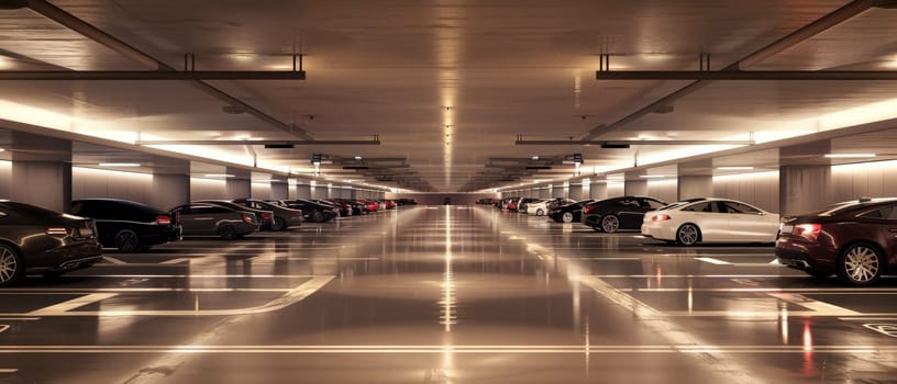 A well-lit underground parking garage with rows of parked cars in various colors