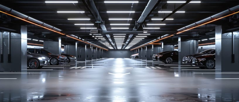 A well-lit underground parking garage with rows of parked cars in various colors