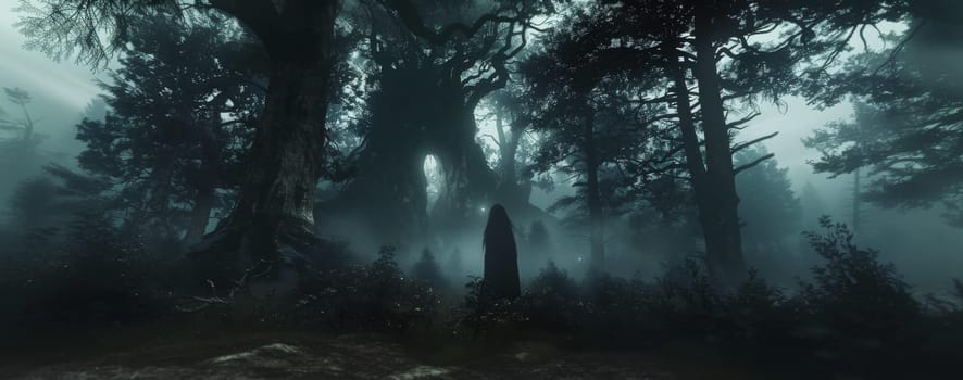 A shrouded figure emerges from the whispering woods, the fog weaving around the trees to create a haunting narrative of the unseen