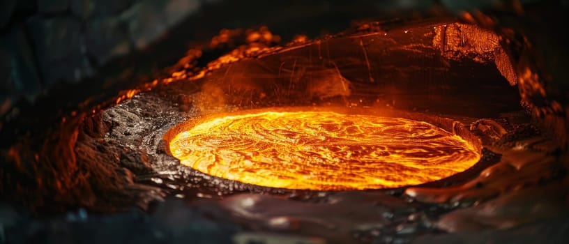 Molten lava churns in a natural crucible, framed by darkened rock, capturing the raw power and heat of the Earth's fiery belly