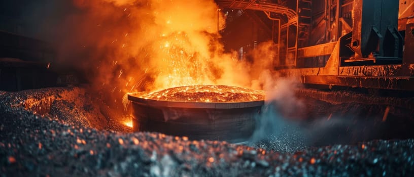 Sparks fly as molten steel is processed in an industrial environment, highlighting the heat and energy of metalwork