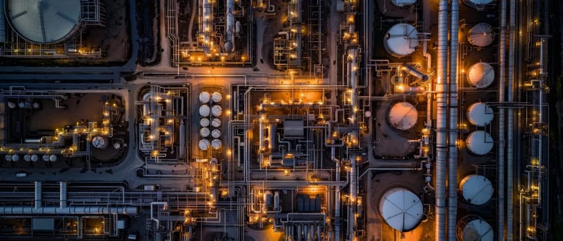 Aerial view capturing the complex network of lights and structures in a sprawling industrial facility at dusk