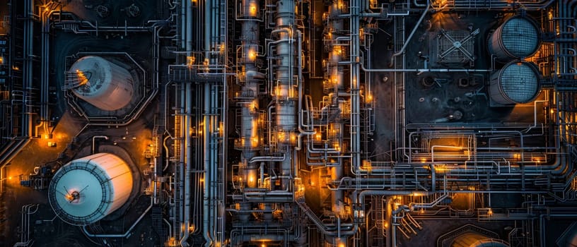 Aerial view capturing the complex network of lights and structures in a sprawling industrial facility at dusk