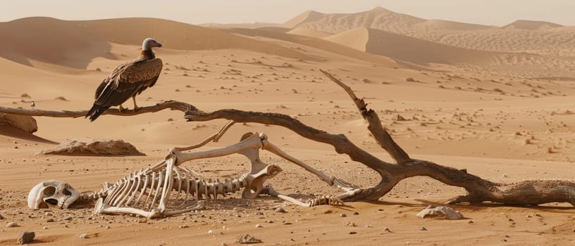 A vulture perches on a branch near a skeleton amidst the vast, undulating dunes of a serene desert landscape