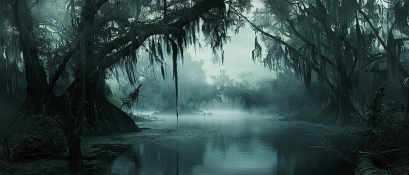Mysterious foggy swamp with ancient trees, their branches hanging low, reflecting in the calm water under the eerie light