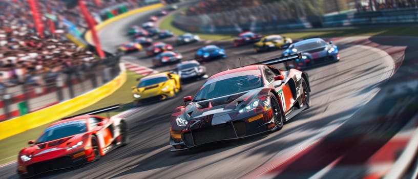 Thrilling car race with high-speed cars and enthusiastic crowd on a wet race track