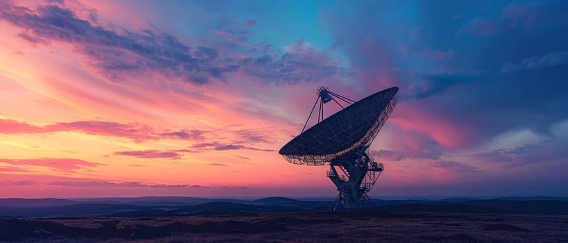 A solitary radio telescope antenna stands against a stunning sunset with orange hues illuminating the desert landscape.