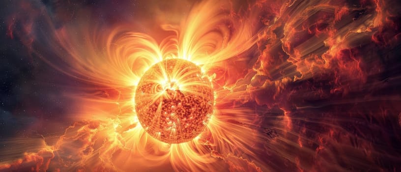 Stunning representation of a fiery sun with dynamic solar flares against the backdrop of cosmic space and stars.