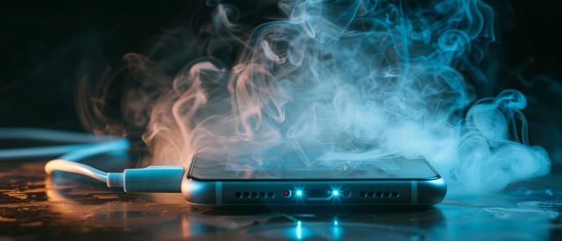 A concept image featuring a smartphone charging cable surrounded by electric smoke, portraying technology hazards.