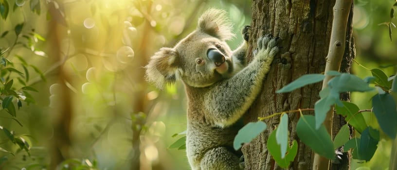 A peaceful koala clutches a eucalyptus tree, surrounded by a sunlit forest, showcasing wildlife in their natural environment.