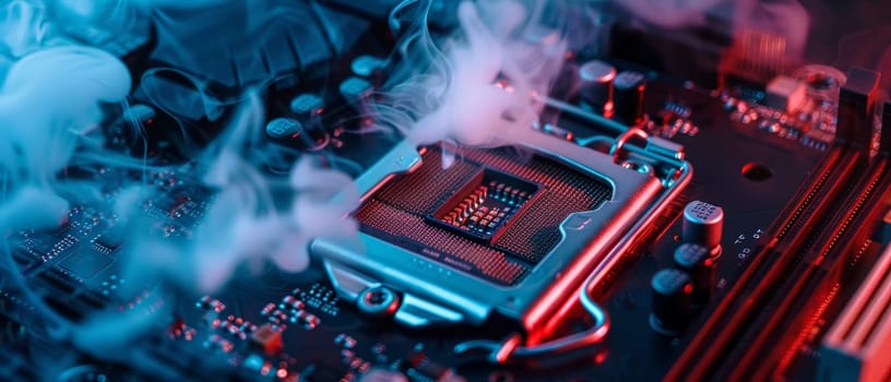 Close-up image of a smoking computer motherboard, illustrating technology overheating with illuminated circuits and components.