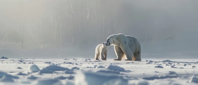 A captivating image depicting a tender interaction between two polar bears in a serene, snowy environment, illuminated by soft sunlight.