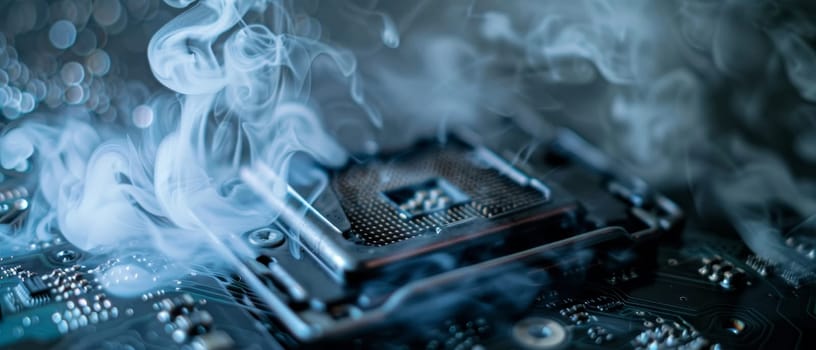 Close-up image of a smoking computer motherboard, illustrating technology overheating with illuminated circuits and components.