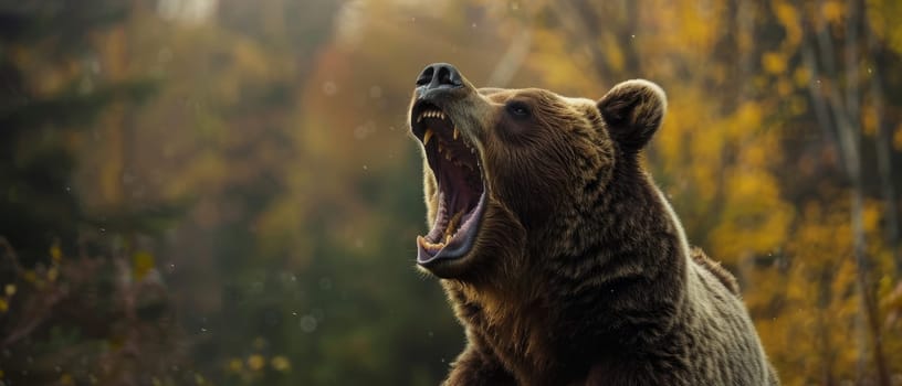 A detailed close-up of a ferocious brown bear roaring amidst the autumnal forest, capturing the raw power of wildlife.