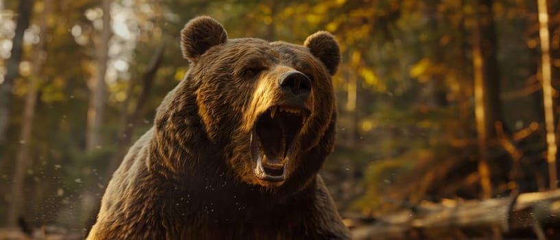 A detailed close-up of a ferocious brown bear roaring amidst the autumnal forest, capturing the raw power of wildlife.