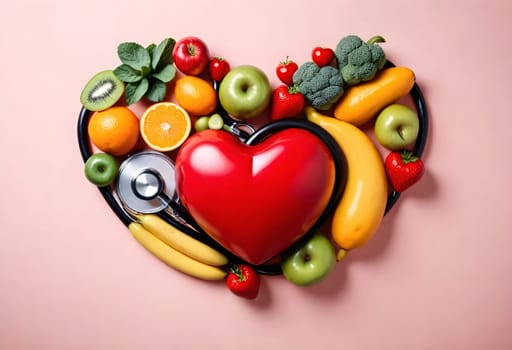 AI generated of a heart with fruits and vegetables on a pink background