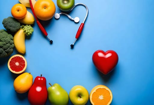 AI generated of a heart surrounded by fruits, vegetables, and heart shaped stethoscope on blue background
