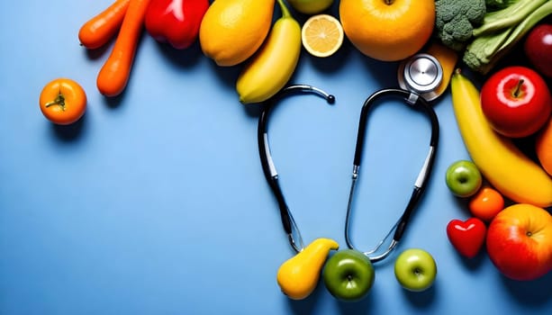 AI generated of a heart shaped of fruits, vegetables, and stethoscope are on a blue table