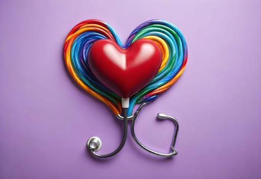 AI. generated of a heart with a rainbow colored stethoscope wire is laying on a purple background