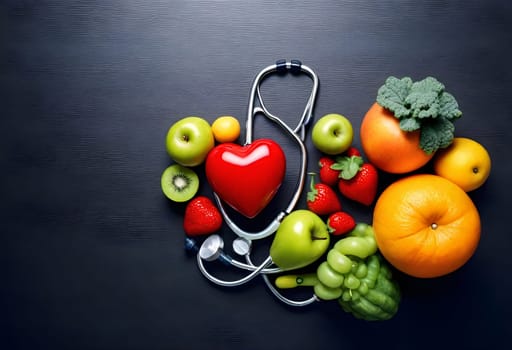 AI generated of a heart shaped stethoscope is surrounded by fruits and vegetables