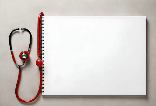 AI generated of a red stethoscope with an empty notebook on light background