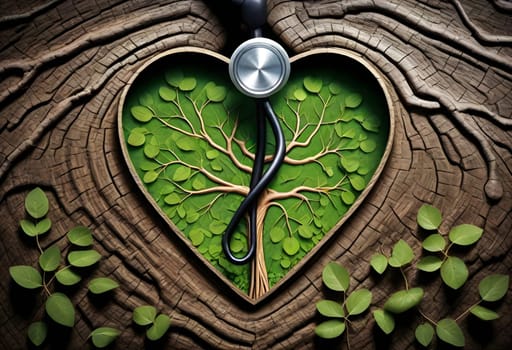 AI generated of a heart with a stethoscope and a tree in the middle of it